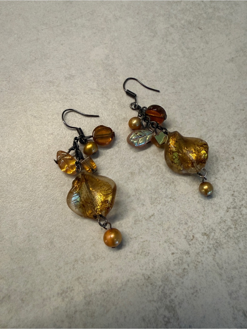 Gold-Tone Amber Glass Drop Dangle Earrings - Vintage Costume Jewelry